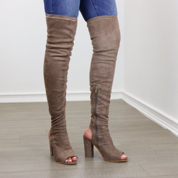 Suede Thigh High Peep Toe & Heel Chunky Heel Boot - Picture 7 of 8